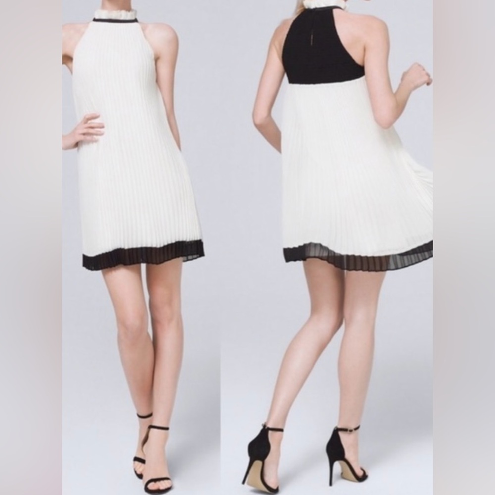 White House Black Market high neck pleated dress Ecru/black